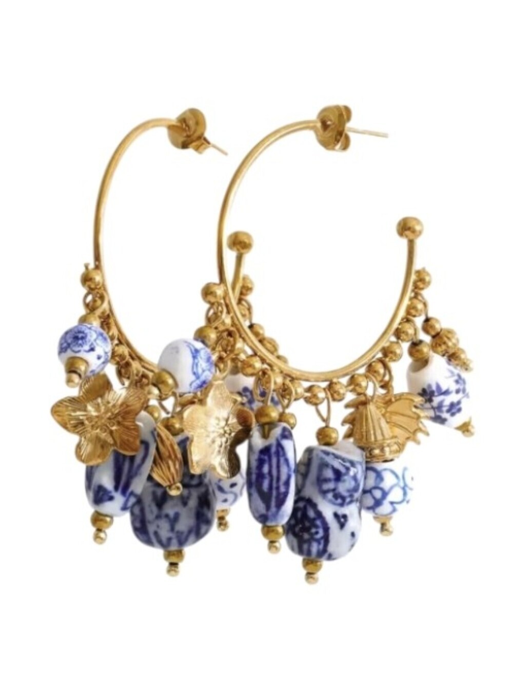 New! Gold Hoop Earrings with Blue White Ceramic Beads and Charms • NWOT #2015